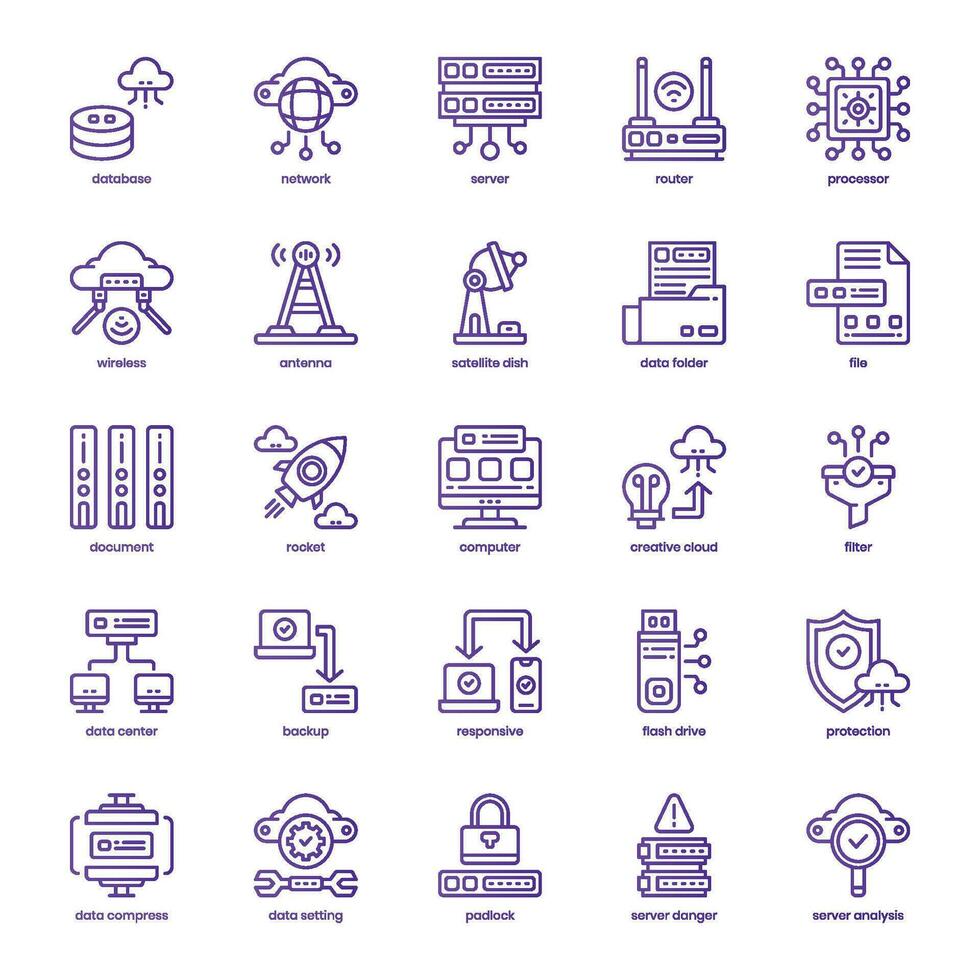 Data and Network icon pack for your website design, logo, app, and user interface. Data and Network icon basic line gradient design. Vector graphics illustration and editable stroke.