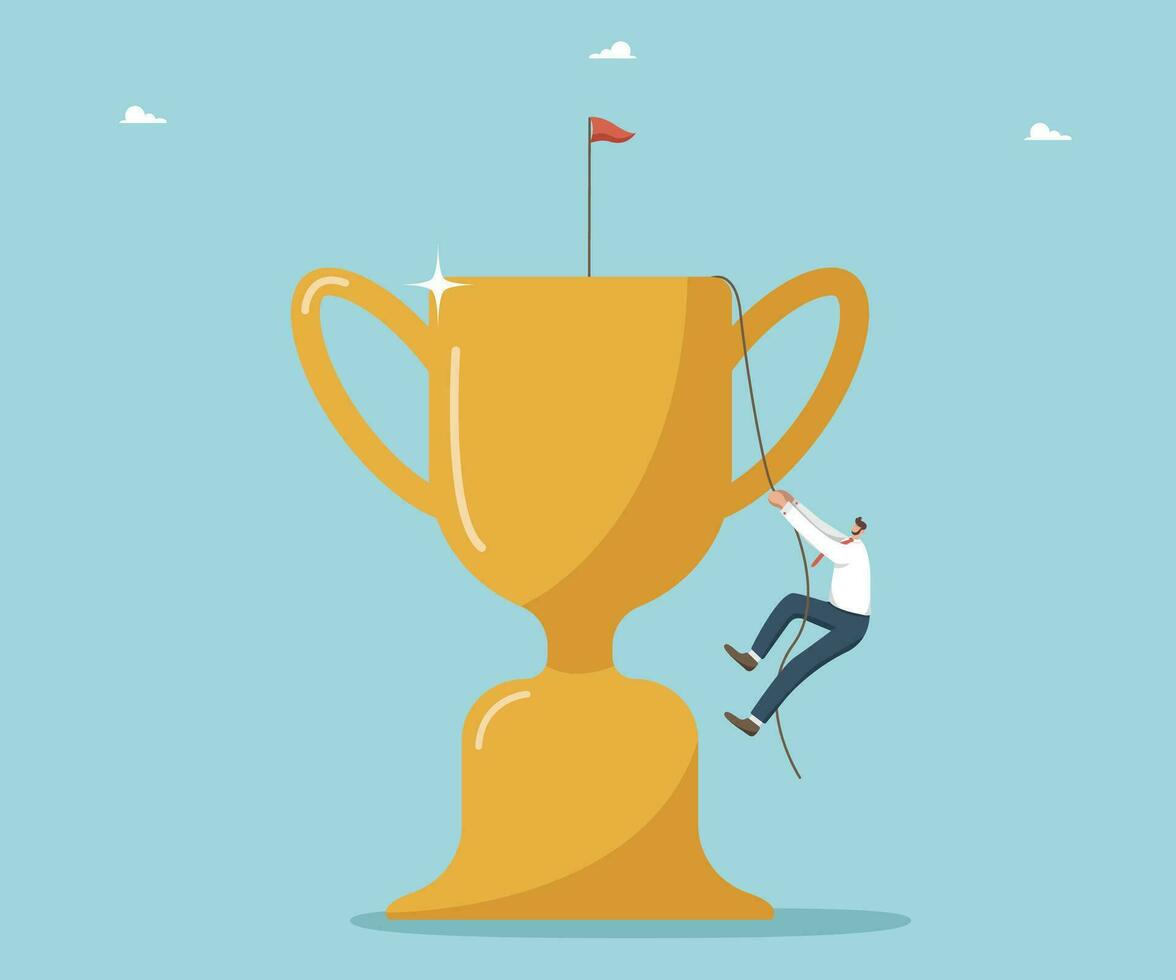 Concept of victory, finding right strategy for business development and prosperity, achieving goals and receiving rewards, logic and intelligence for solving problems, man climbs rope on winning cup. vector