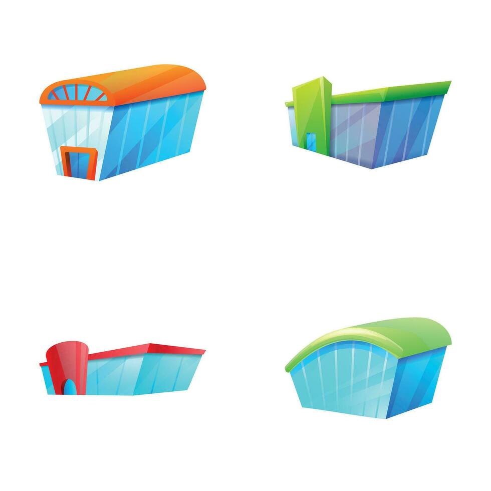 Big store icons set cartoon vector. Various supermarket building outside vector
