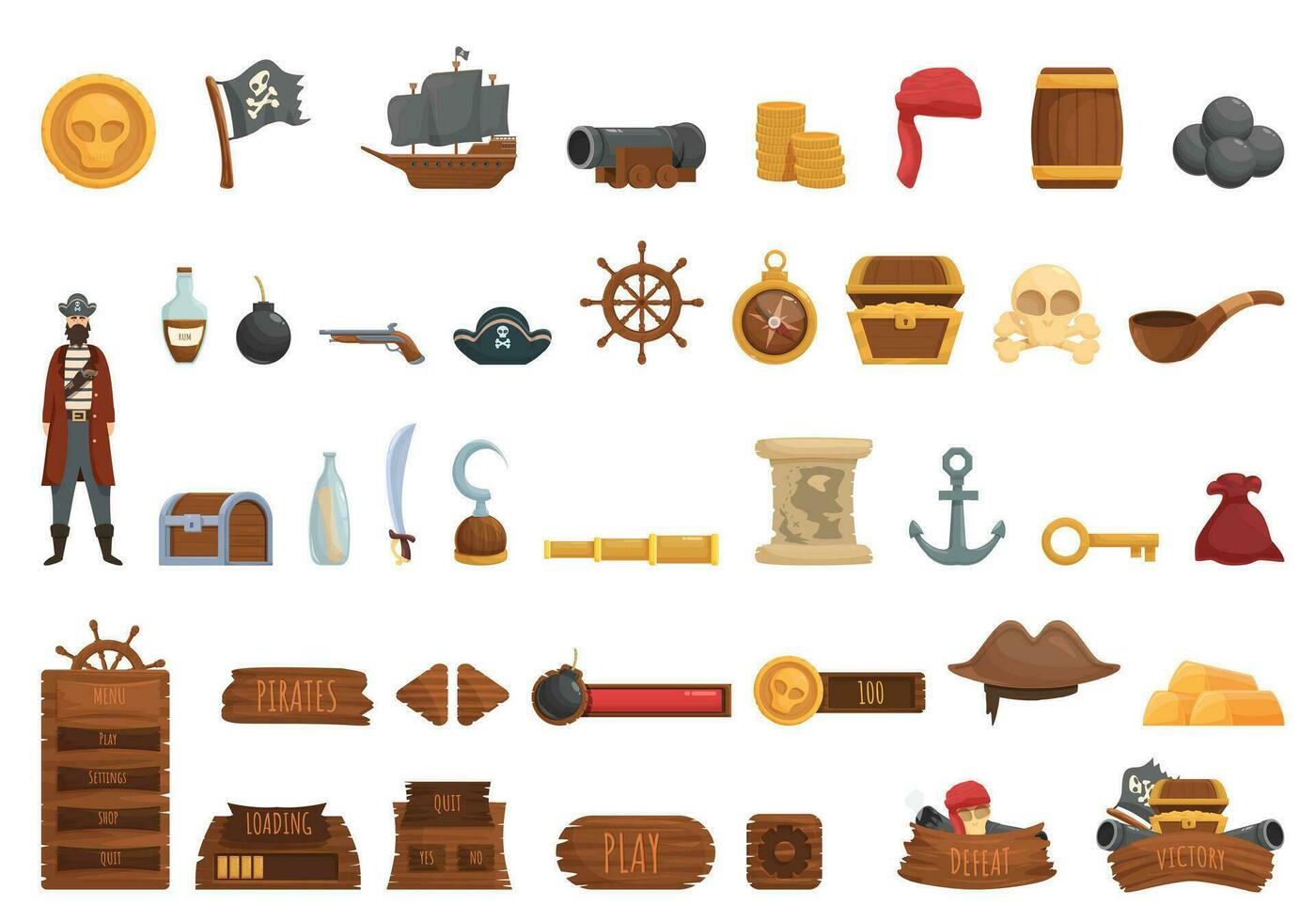 Pirate game icons set cartoon vector. Skull box treasure vector