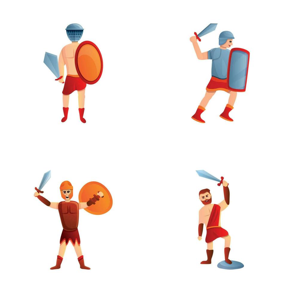 gladiador íconos conjunto dibujos animados vector. romano soldado en armadura y arma vector