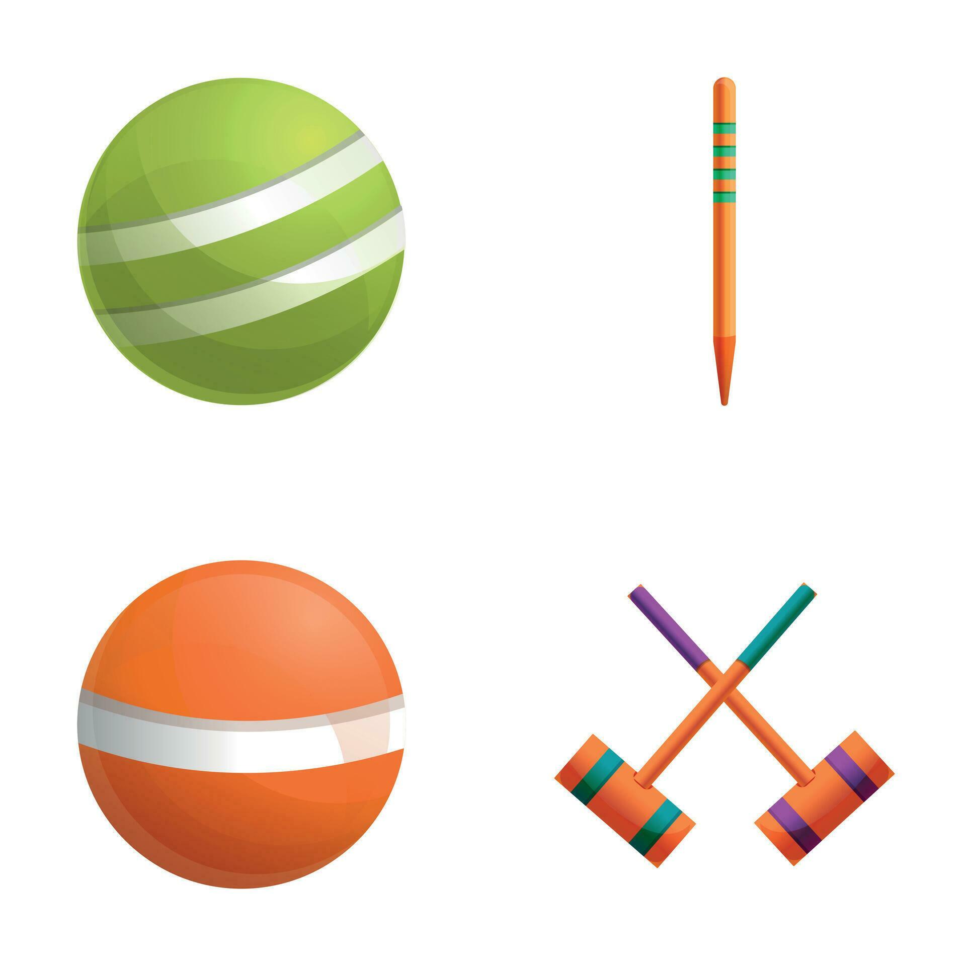 Croquet tool icons set cartoon vector. Center peg croquet mallet and