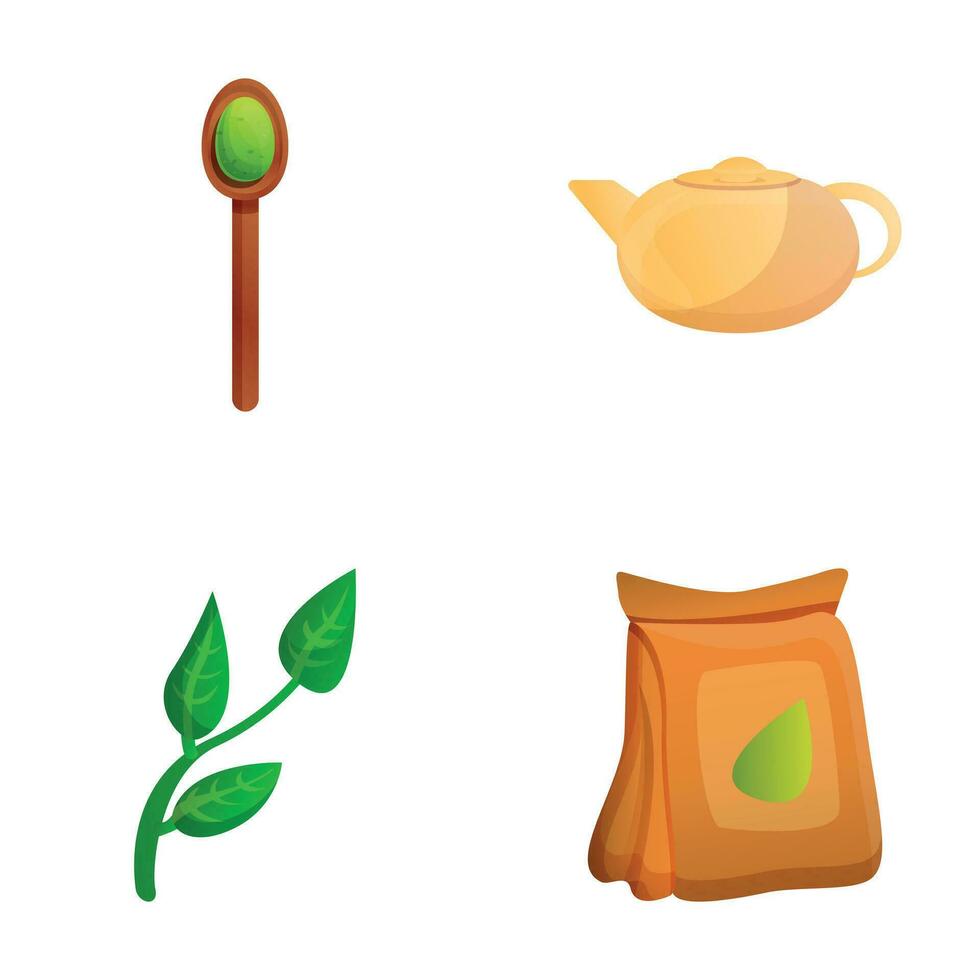 Mint tea icons set cartoon vector. Mint tea with teapot spoon and leaf vector