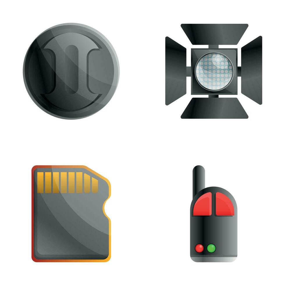 Photo equipment icons set cartoon vector. Memory card and studio light vector