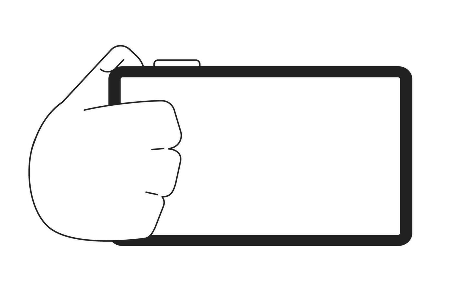 Holding smartphone monochrome flat vector hand. Mobile phone screen. Editable black and white thin line icon. Simple cartoon clip art spot illustration for web graphic design