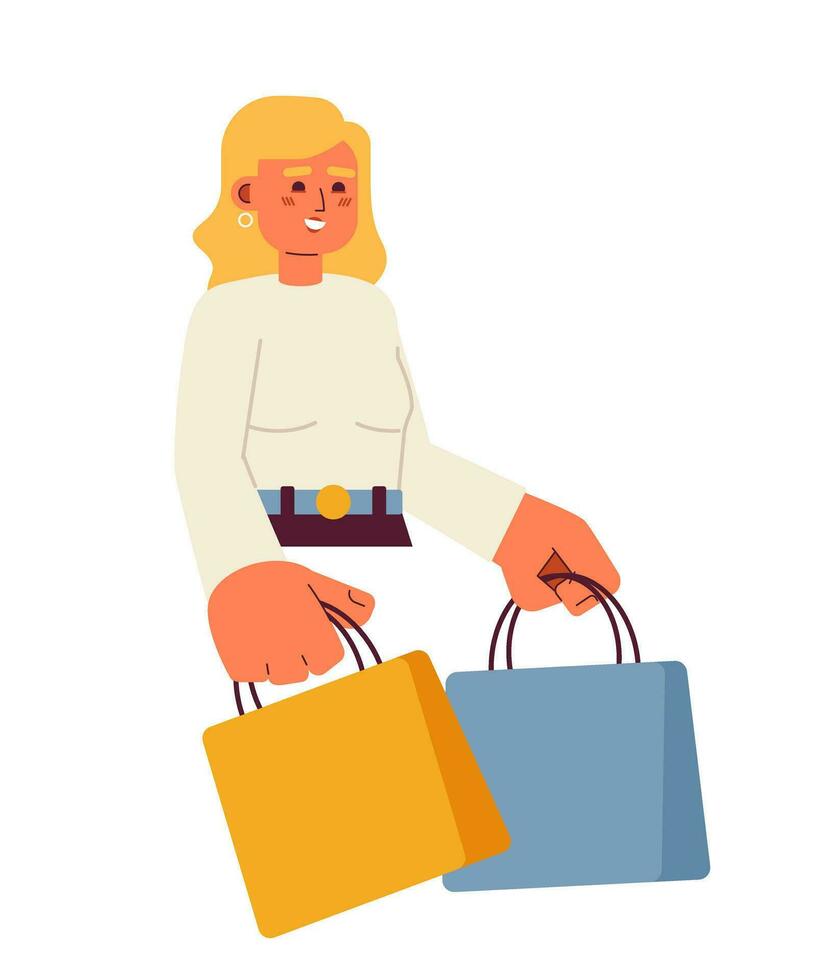 Funny blonde girl semi flat color vector character. Buying clothes on sale. Shopping. Editable half body person on white. Simple cartoon spot illustration for web graphic design