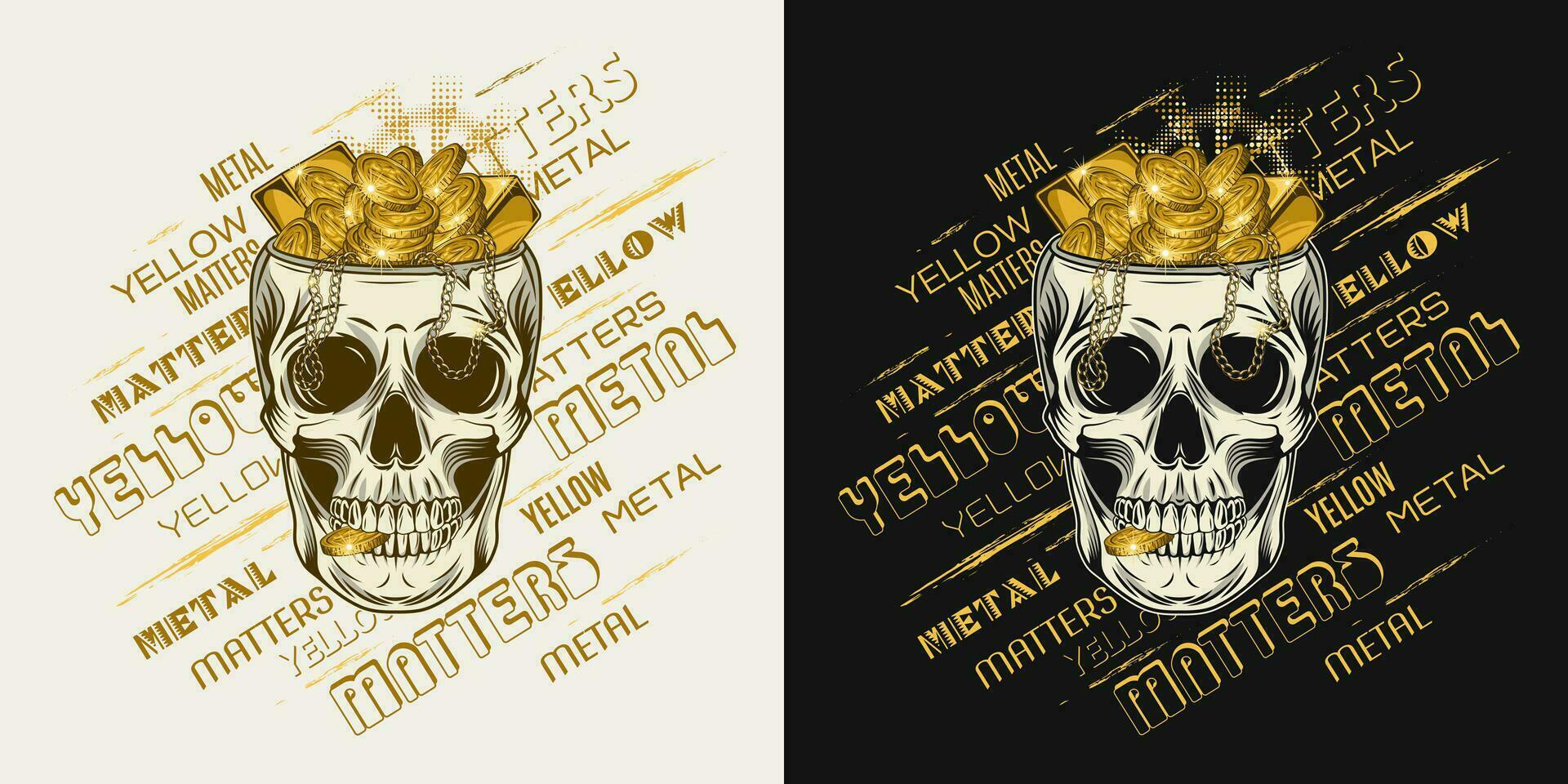 Label with skull full of golden treasure, text vector