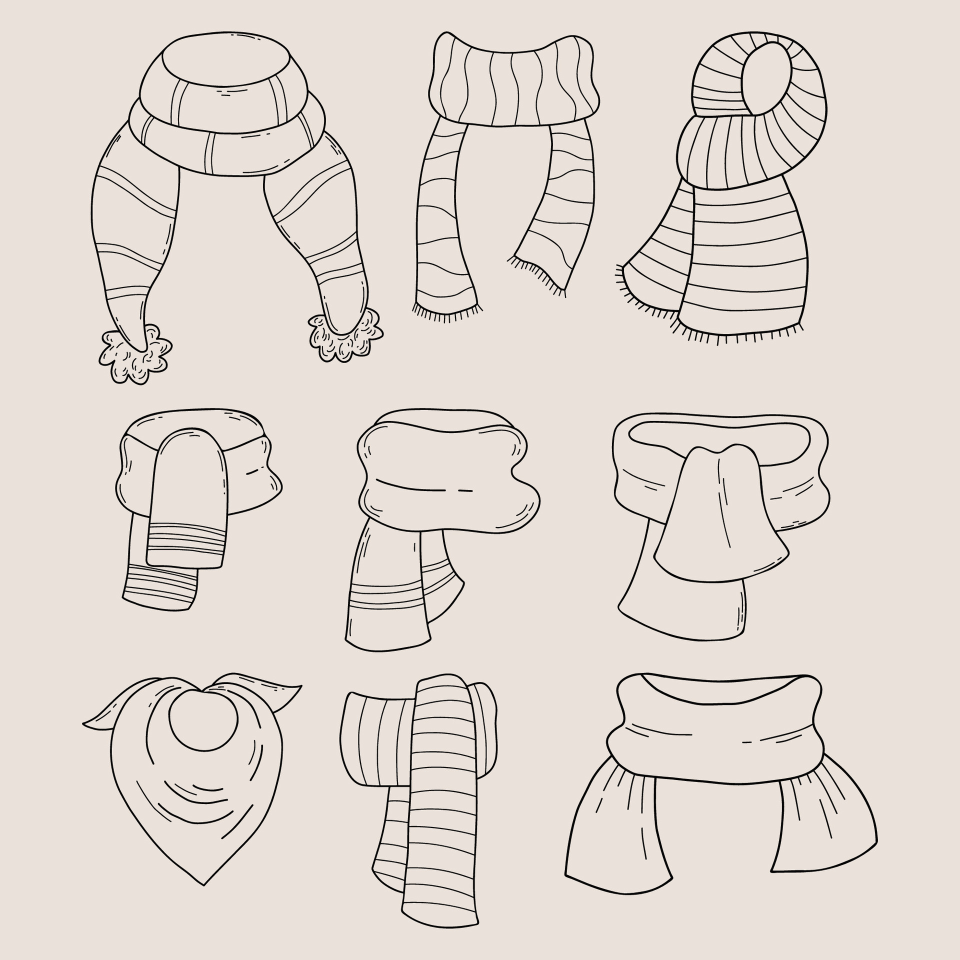 Collection doodle scarves and neckerchief. Vector illustration