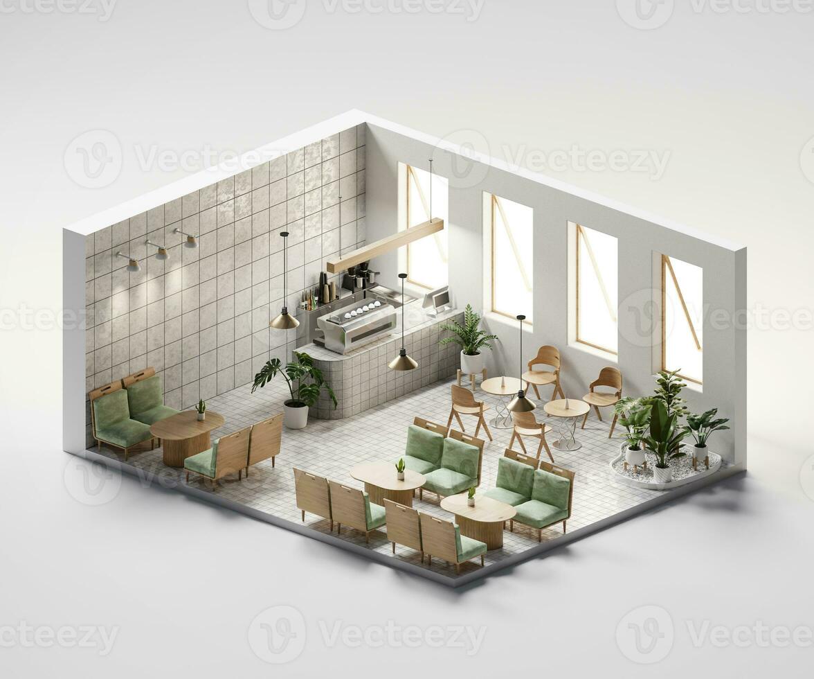 Isometric view minimal cafe store open inside interior architecture, 3d rendering digital art. photo