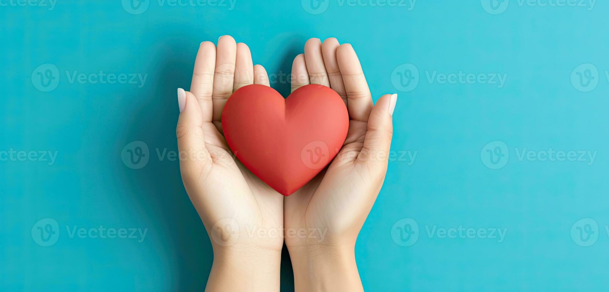 Hands holding a red heart on a blue background. AI Generated photo
