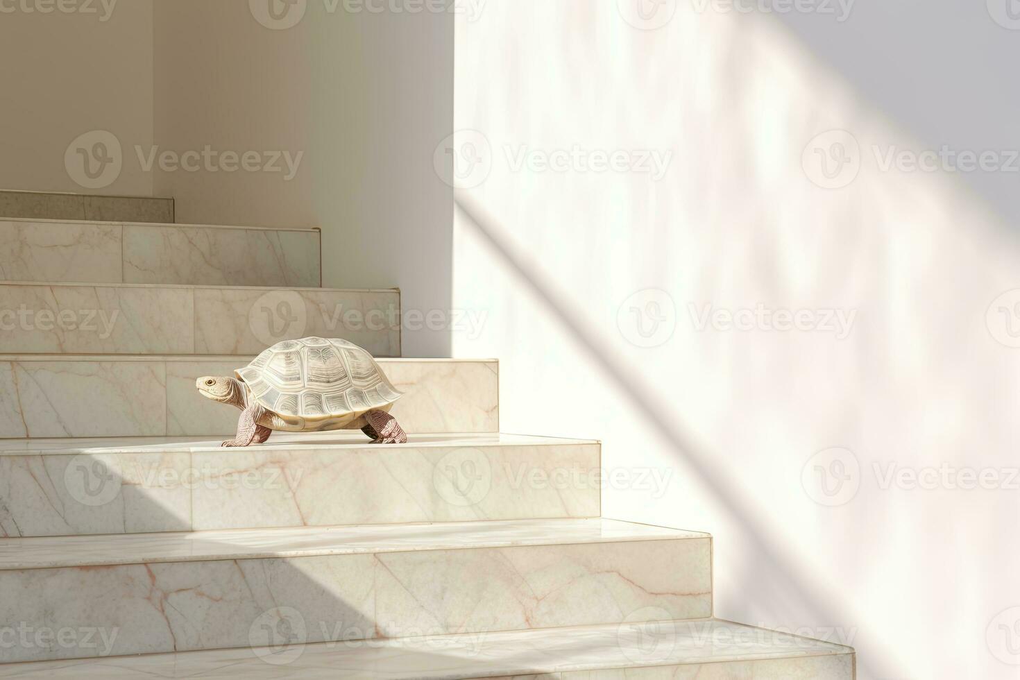 A tortoise climbs up the stairs. Progress concept. AI Generated photo