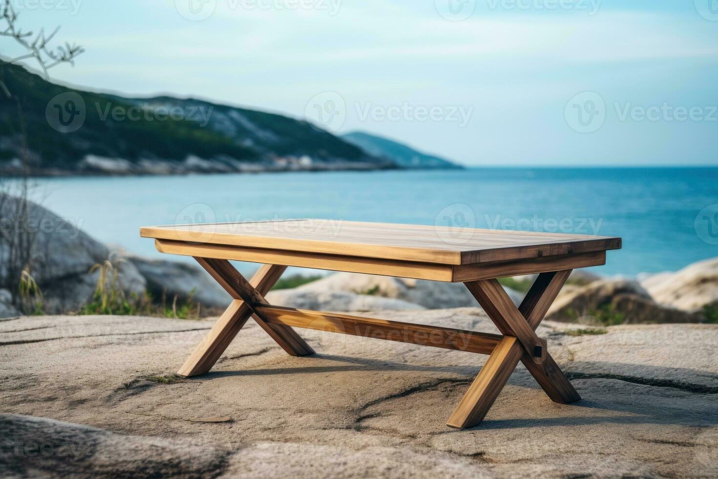An empty wooden table near the beach with an ocean view. AI Generated photo