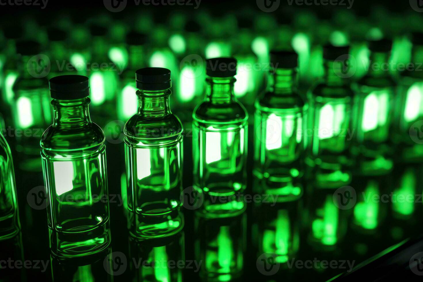 Rows of green medical bottles with black caps. AI Generated photo