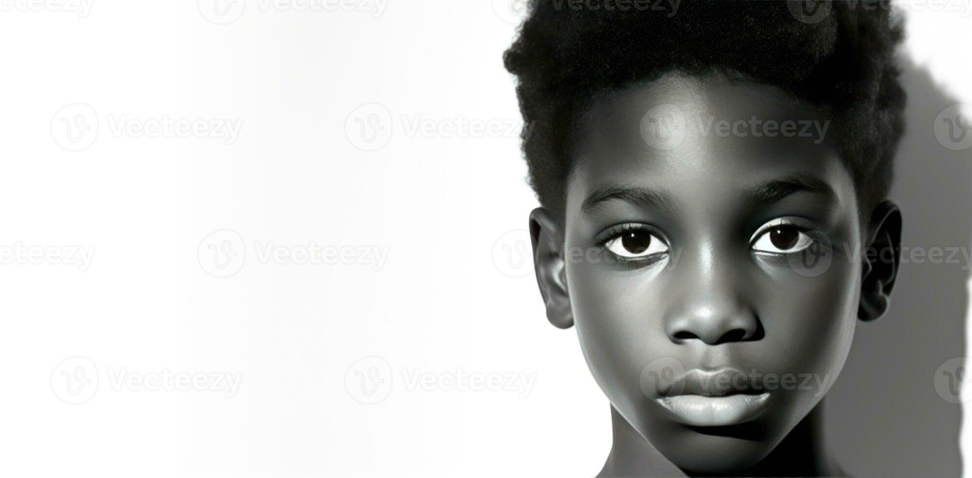 Black and white portrait of an African American boy with copy space. AI Generated photo