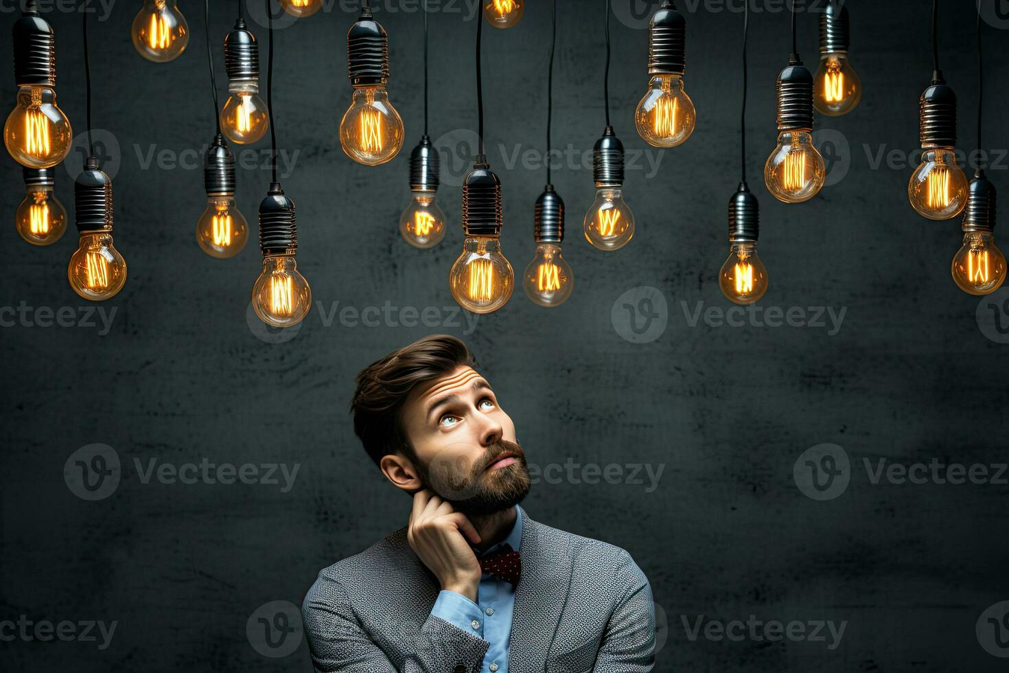 Businessman is looking up at light bulbs. Idea concept. AI Generated photo