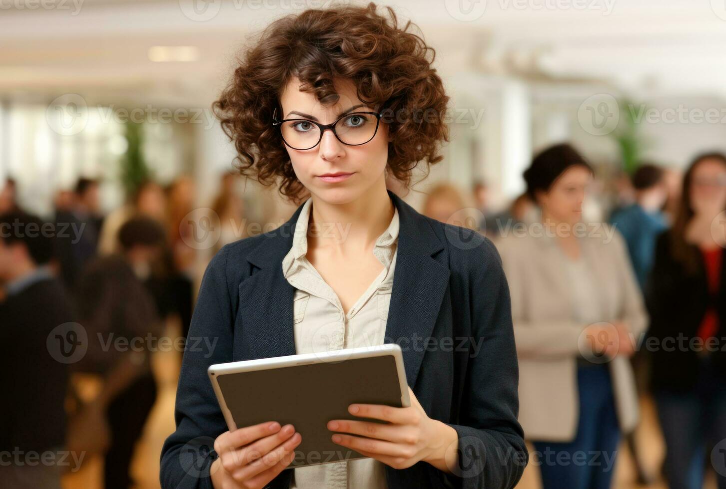 Young businesswoman using tablet computer in office. AI Generated photo