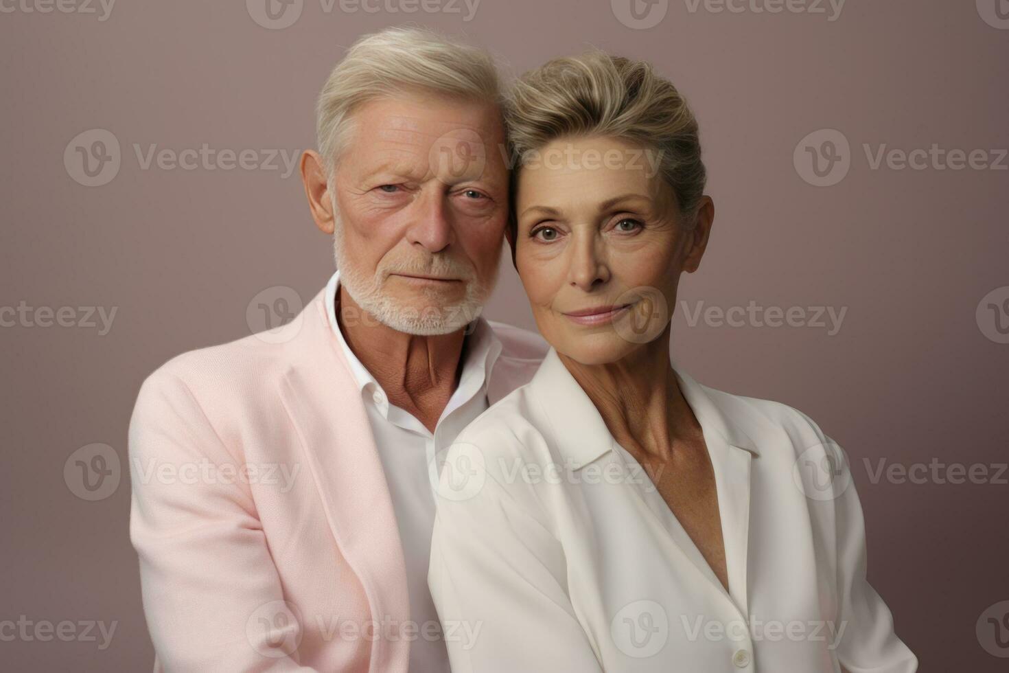 A senior couple model posing on a pink background. AI Generated photo