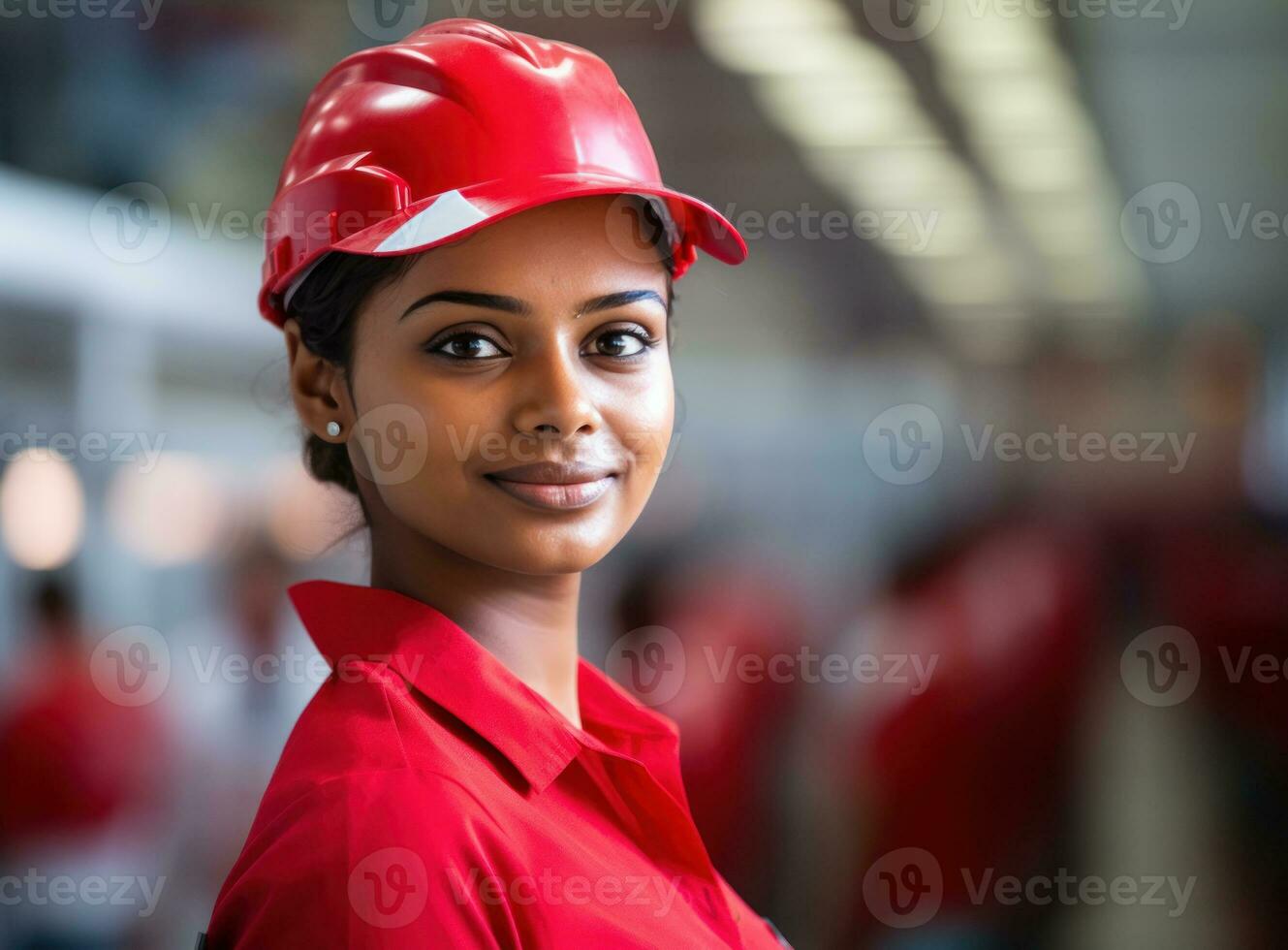 Indian female factory worker in helmet and uniform. AI Generated photo