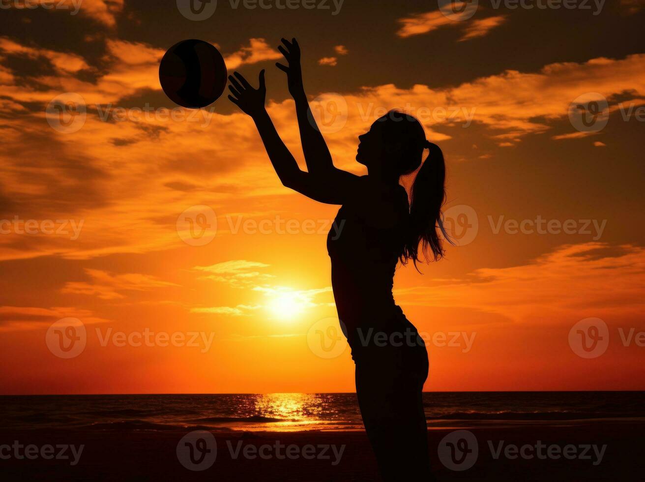 Silhouette of a woman playing with a beach ball. AI Generated photo