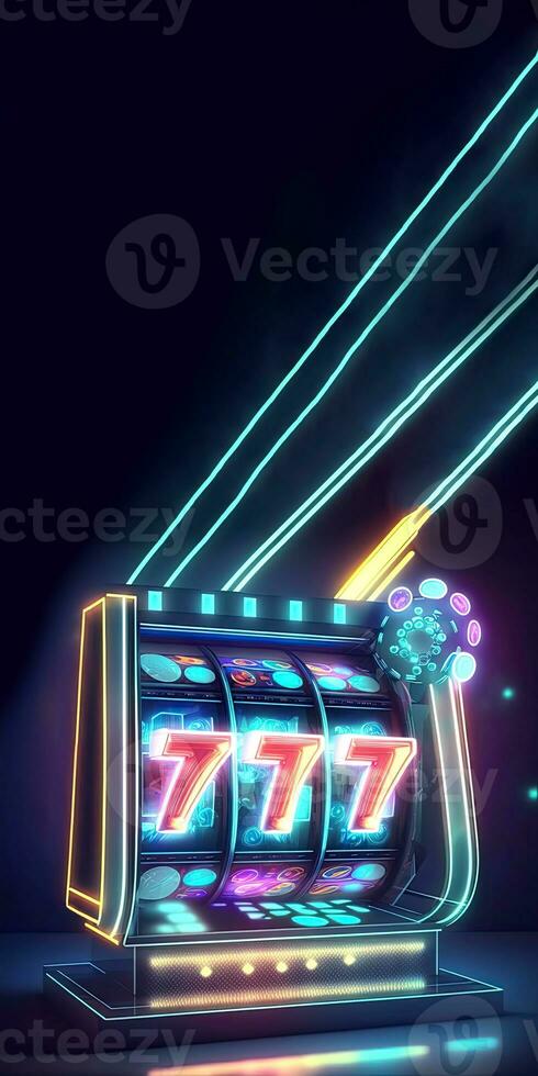 Neon Slot Machine with 777 Jackpot and Spreading Lights on Dark Background. Casino Game Concept, Generative AI Technology. photo