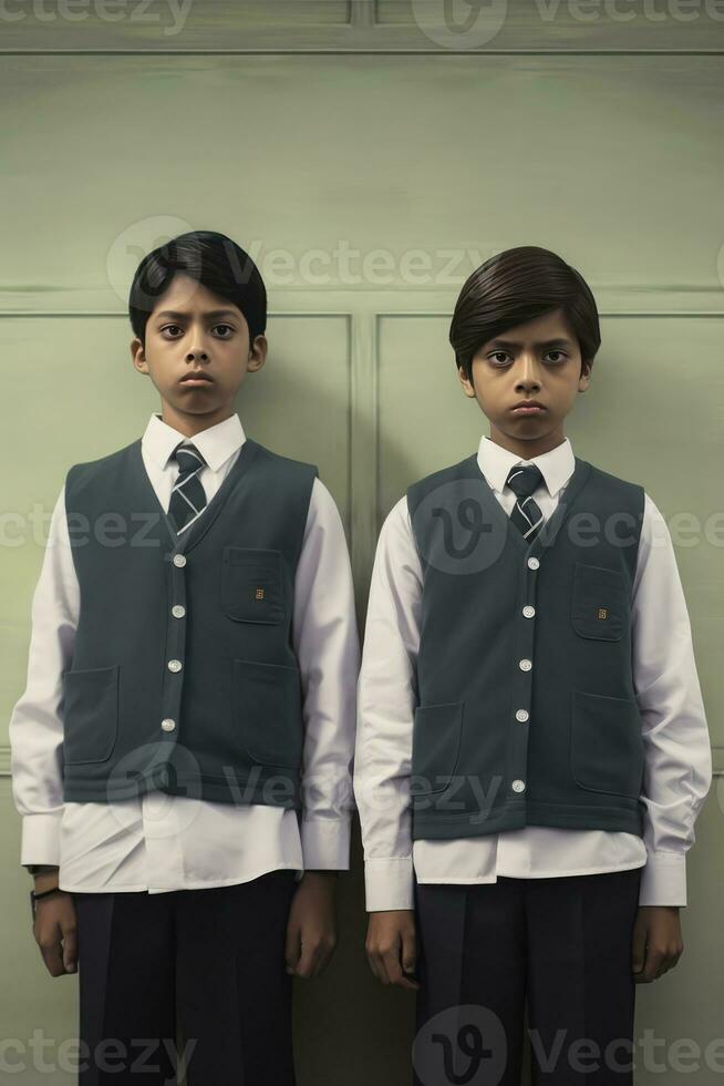 Two Boys in School Uniforms Posing in Front of a Green Wall photo
