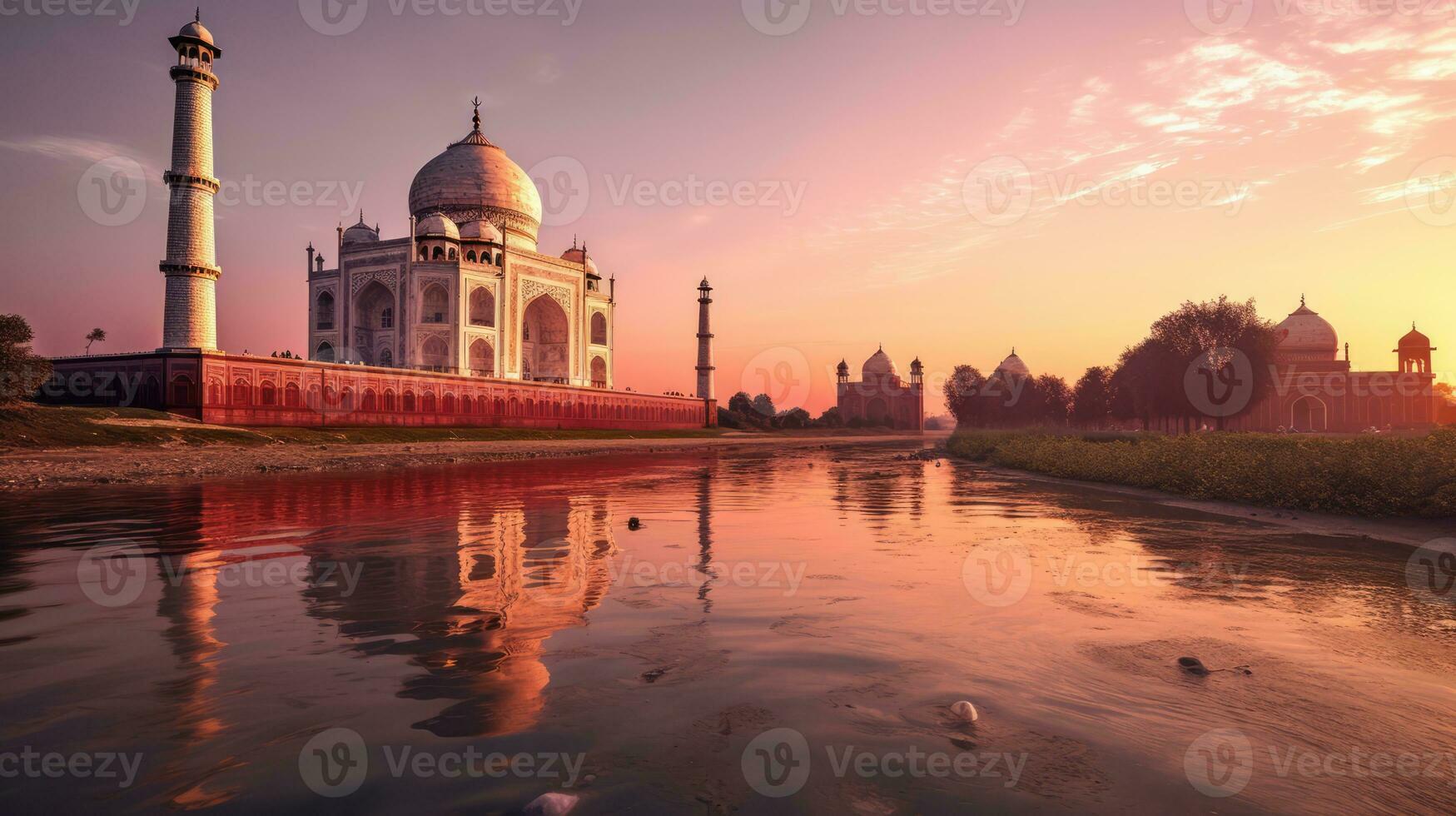 a breathtaking sunset over the beautiful Taj Mahal, a stunning white marble palace set along a body of water. As the sun sets photo