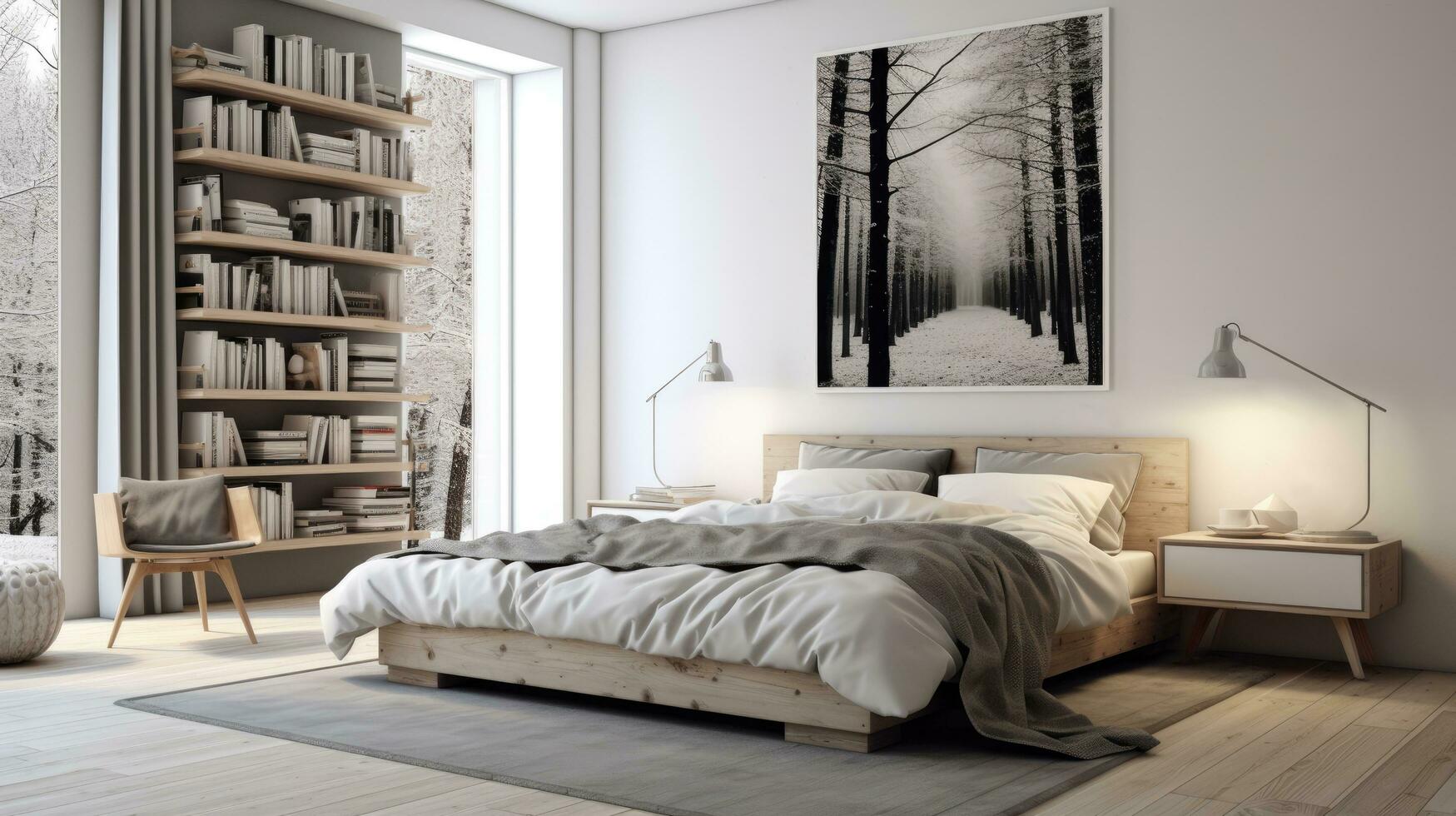 Scandinavian style interior design of modern bedroom with windows photo
