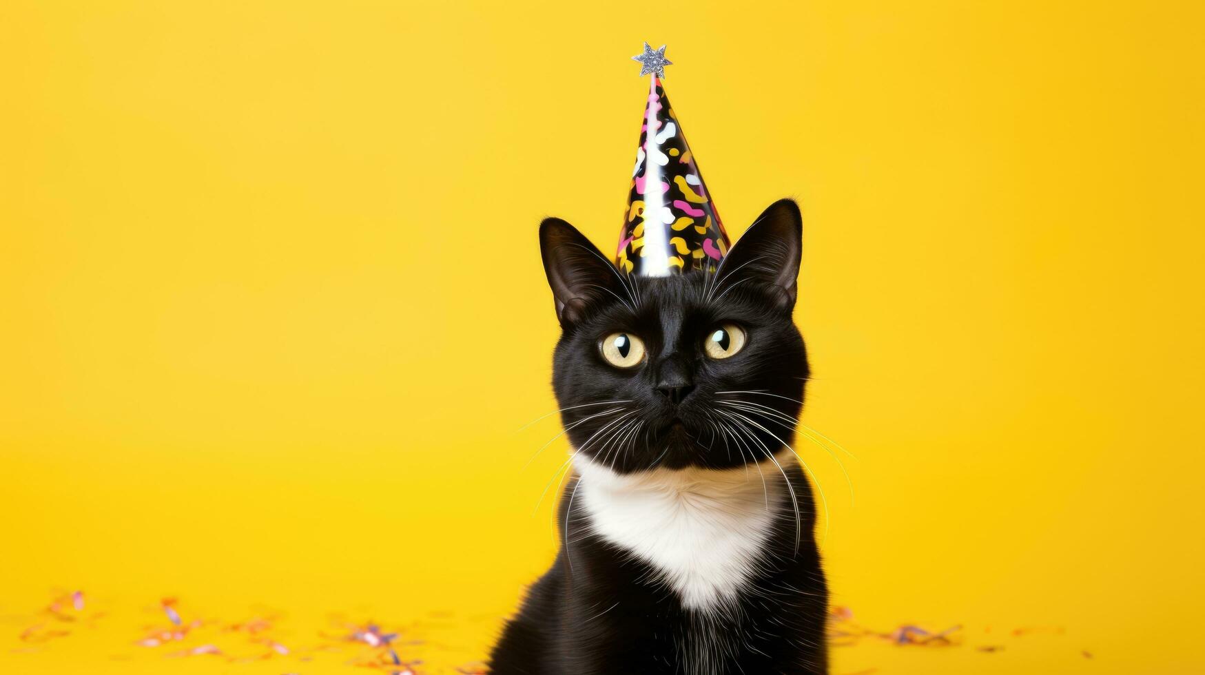 gato celebrando cumpleaños vistiendo fiesta sombrero, aislado en amarillo antecedentes foto