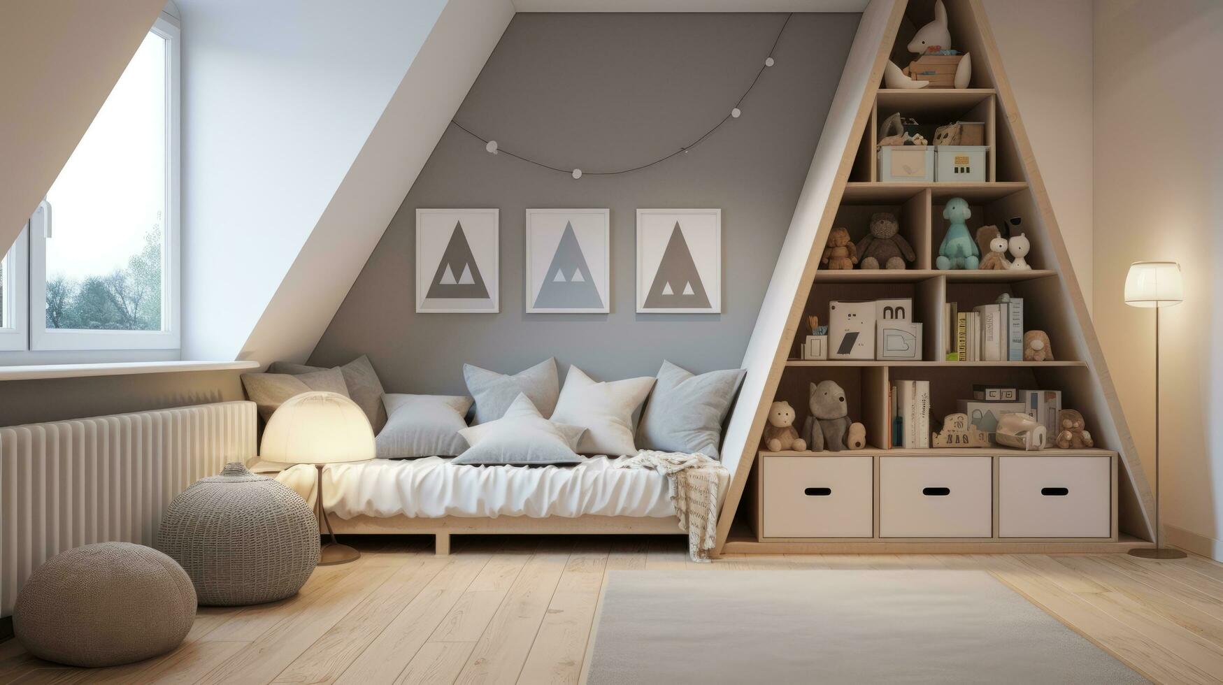Stylish composition of cozy scandinavian child room interior with toys photo