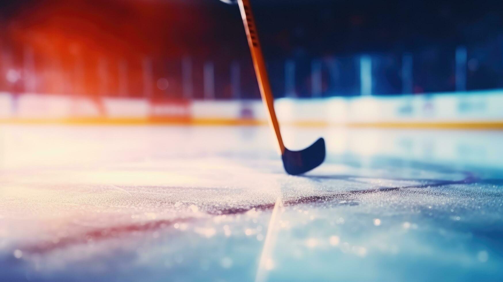 Close-up hockey stick on ice. Blurred stadium background and copy space. photo