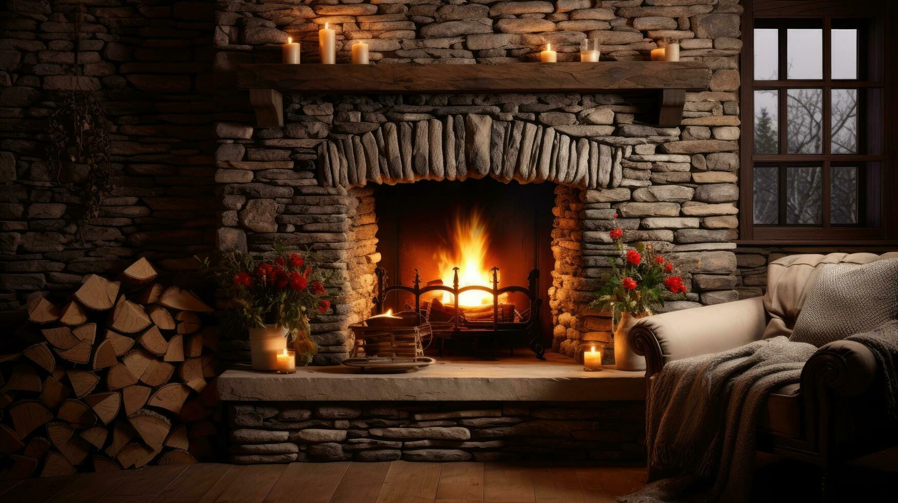 Fairytale hut with stone fireplace and cozy atmosphere. photo