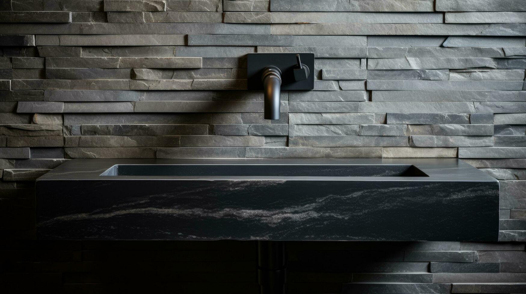 Stylish black marble sink and wall mounted faucet on stone wall. Interior design photo