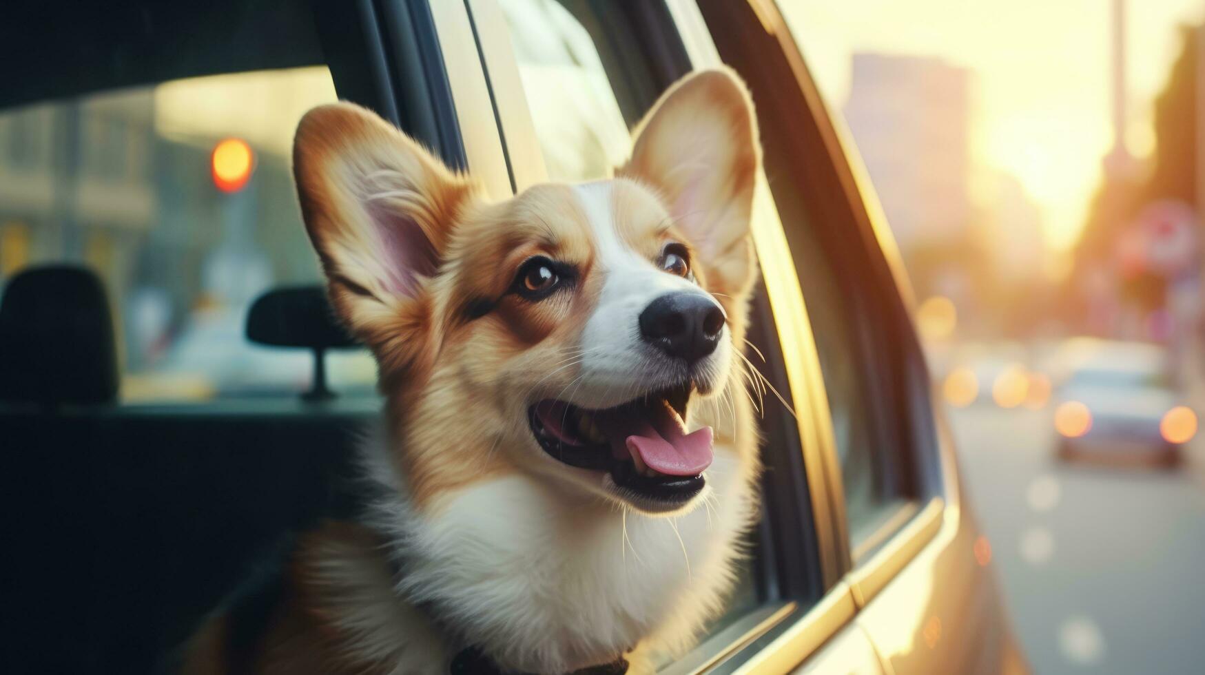 Funny happy dog corgi stuck his face out the window of the car photo