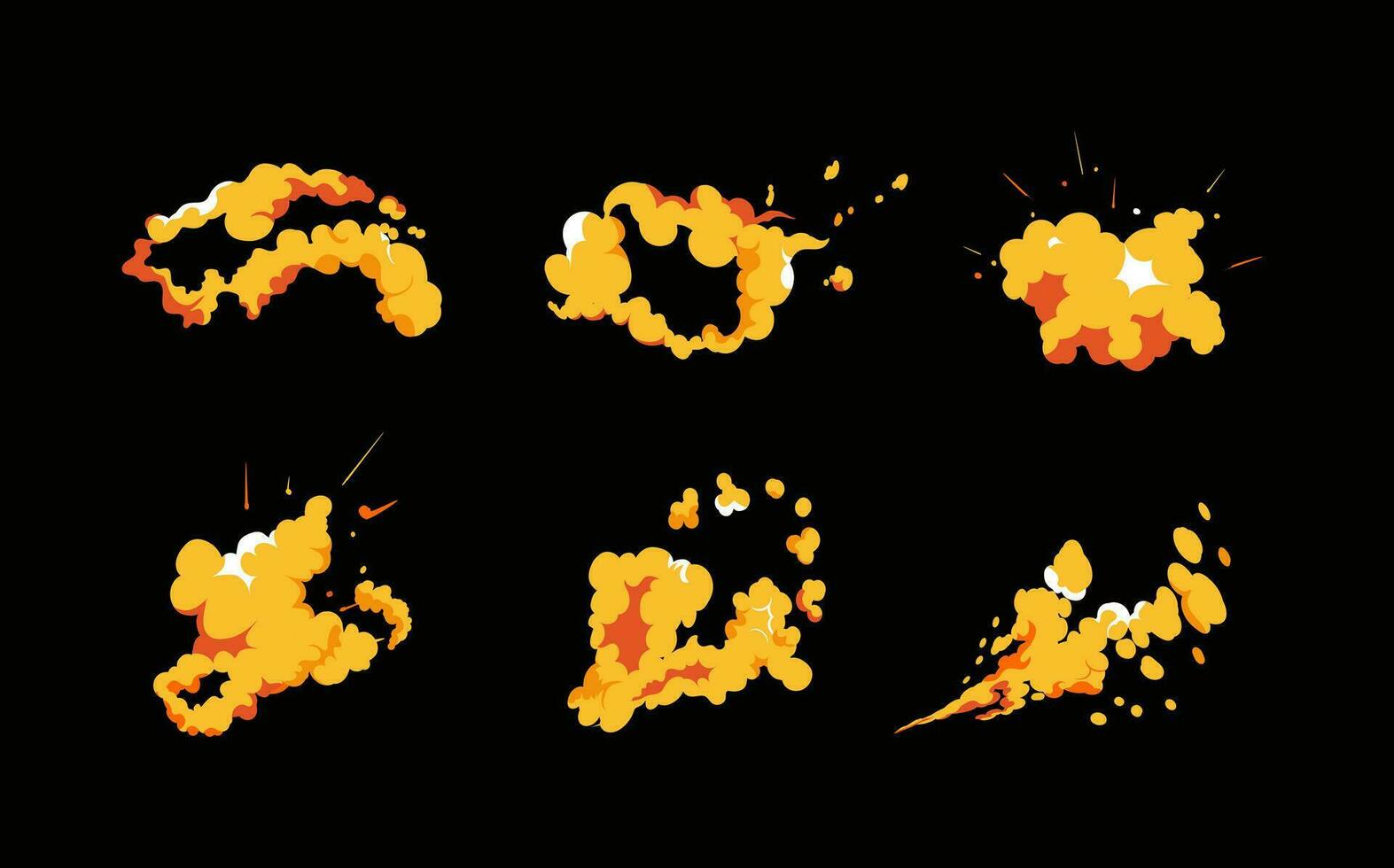 Smoke explosion animation of an explosion with comic flying clouds. Set of isolated vector illustrations to create an explosion effect. The effect of smoke movement, sparkle and dynamic boom.