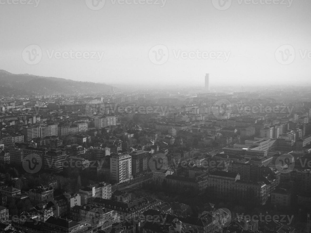 Aerial view of Turin with smog in black and white photo
