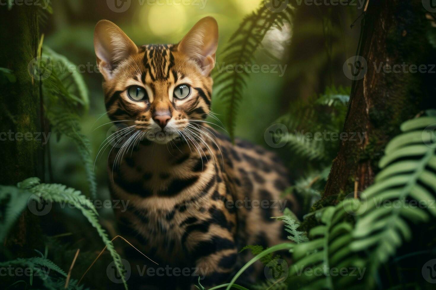 Lush Bengal cat forest. Generate Ai photo