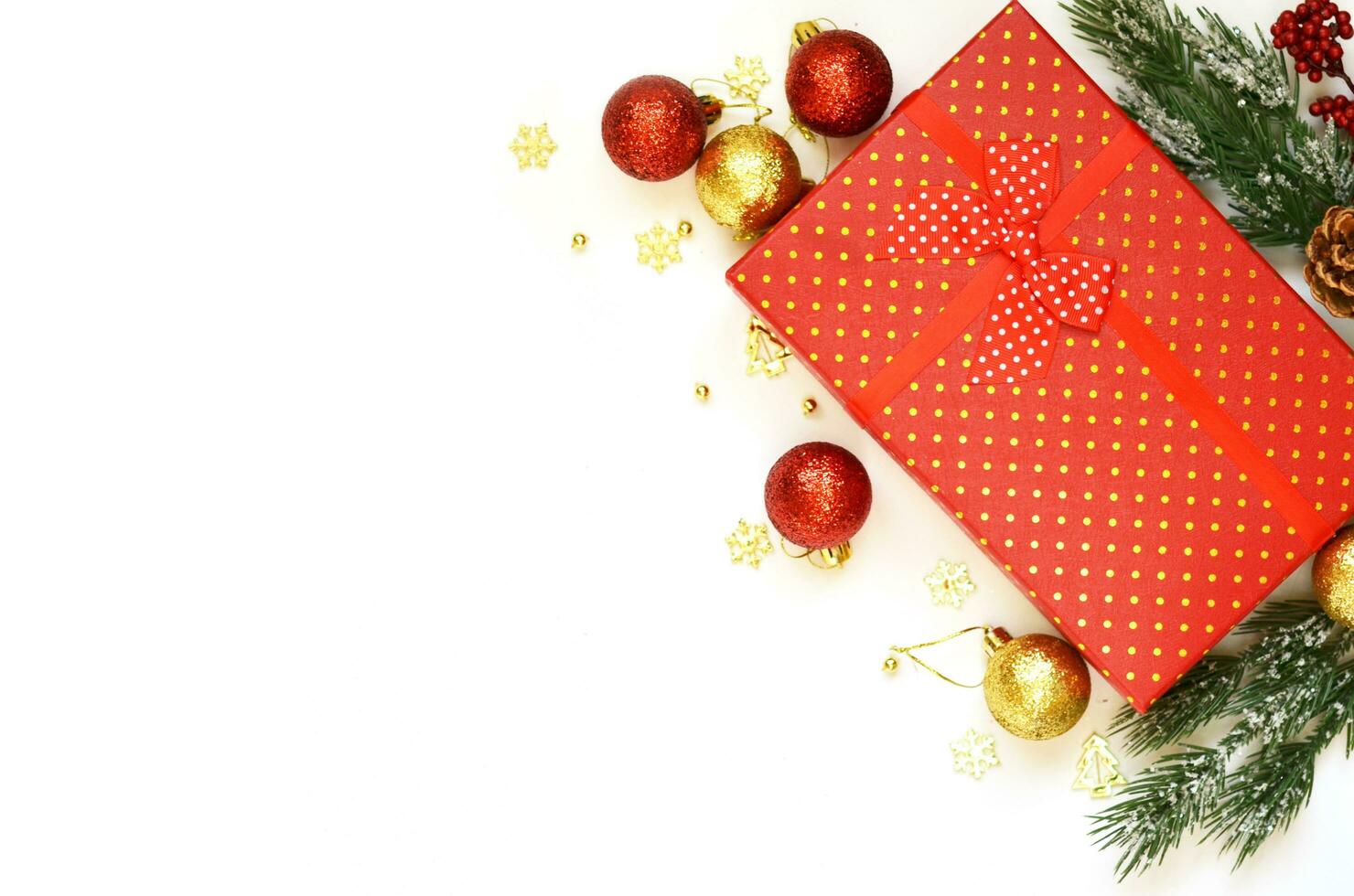 Christmas decoration with gift box. Free space for text photo
