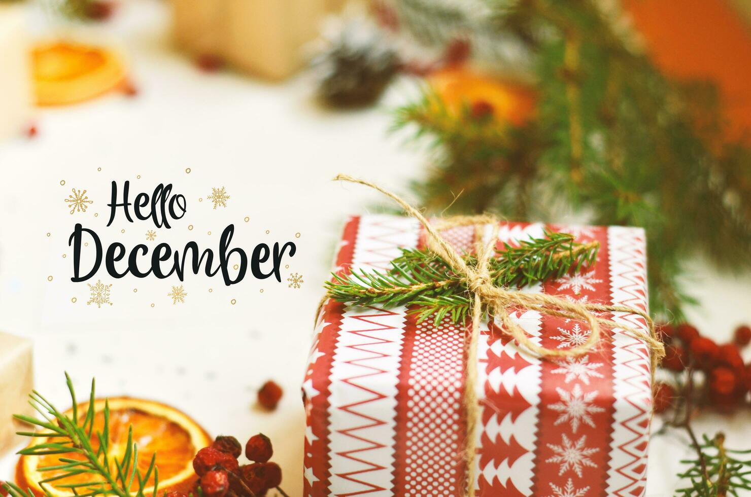 Hello December calligraphy inscription. photo