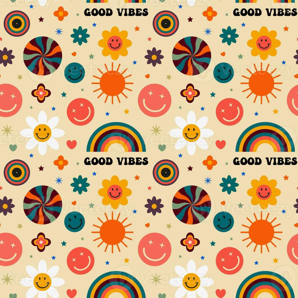 Y2K retro groovy pattern with emoji faces and flowers on beige background photo