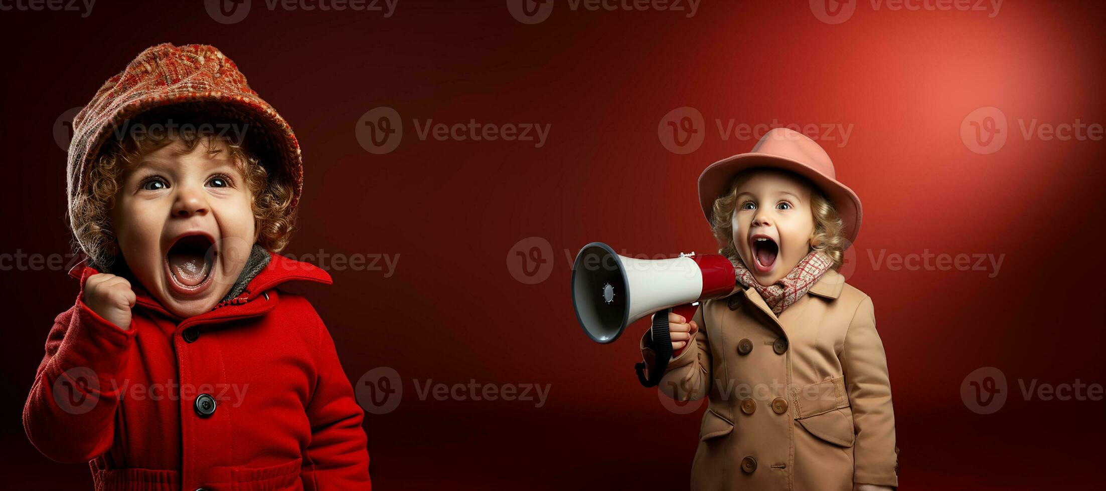 Little girl screaming into loudspeaker, isolated on red background. Copy space.Generative AI photo