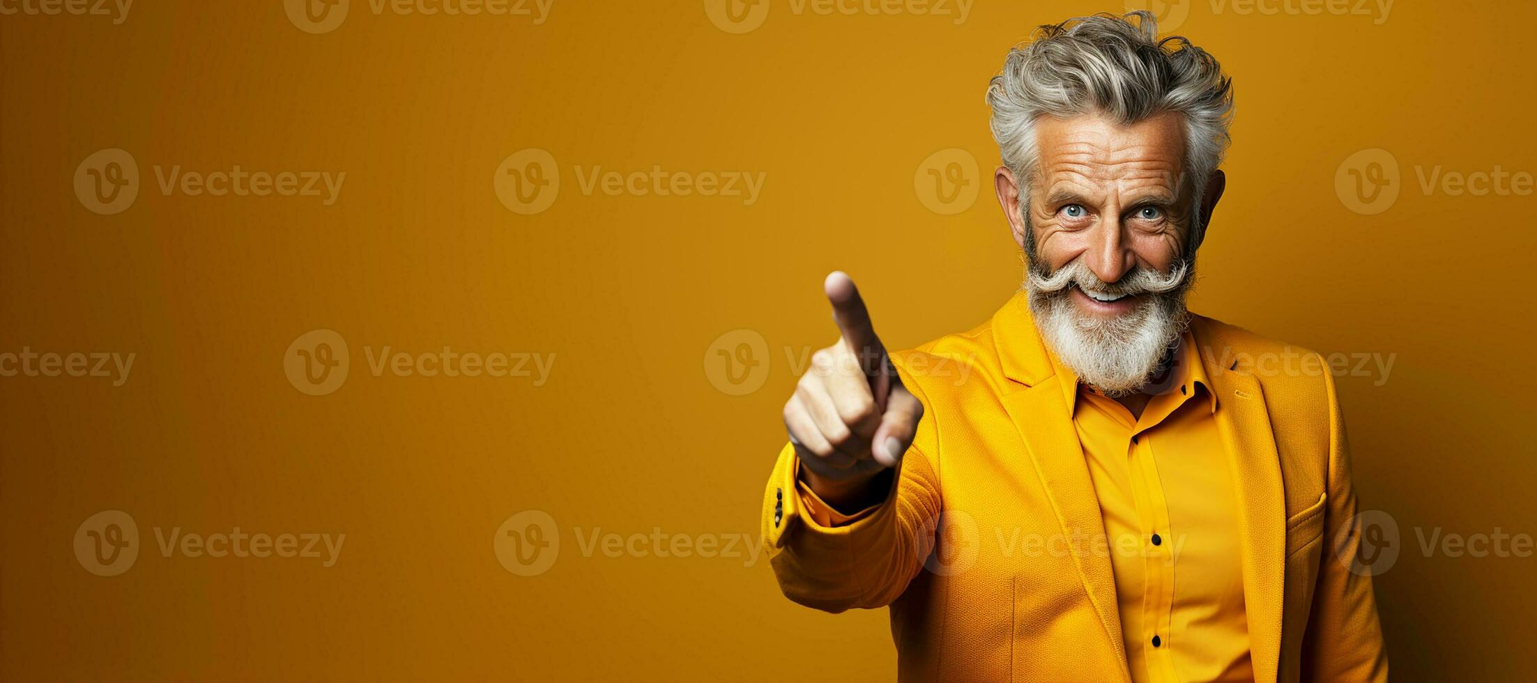 Senior man pointing with hand and finger to the side looking at the camera.Generative AI photo