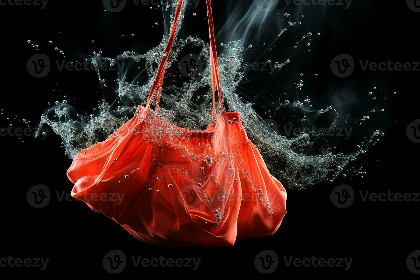 Red shopper bag with water splash on black background. Buying power.Generative AI photo