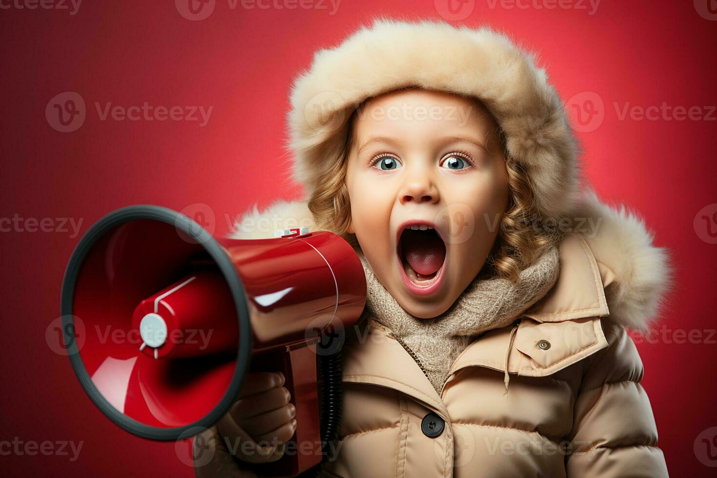Little girl screaming into loudspeaker, isolated on red background. Copy space.Generative AI photo