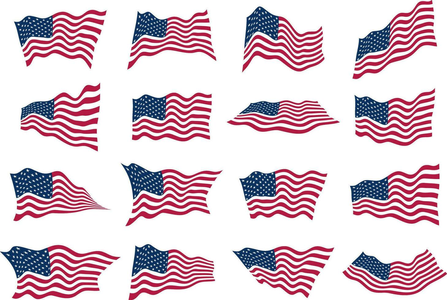 The US flag waving in the wind from different angles. Set of american flags. Design element of vector illustration.