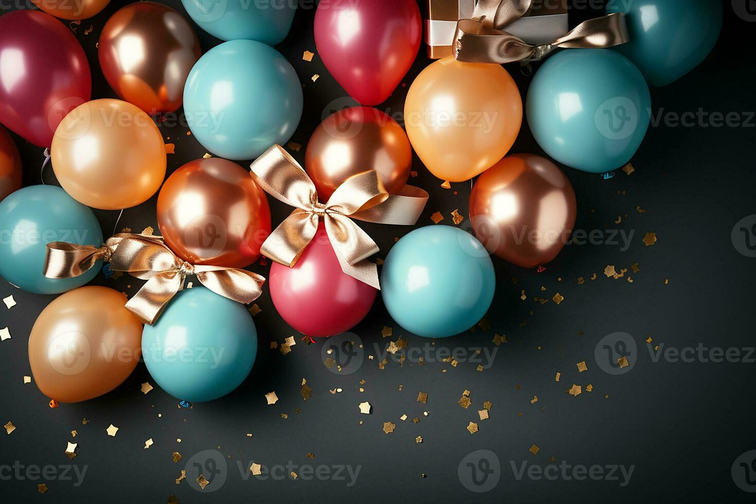 Bright holiday background with colorful balloons and gifts. Black background.Generative AI photo