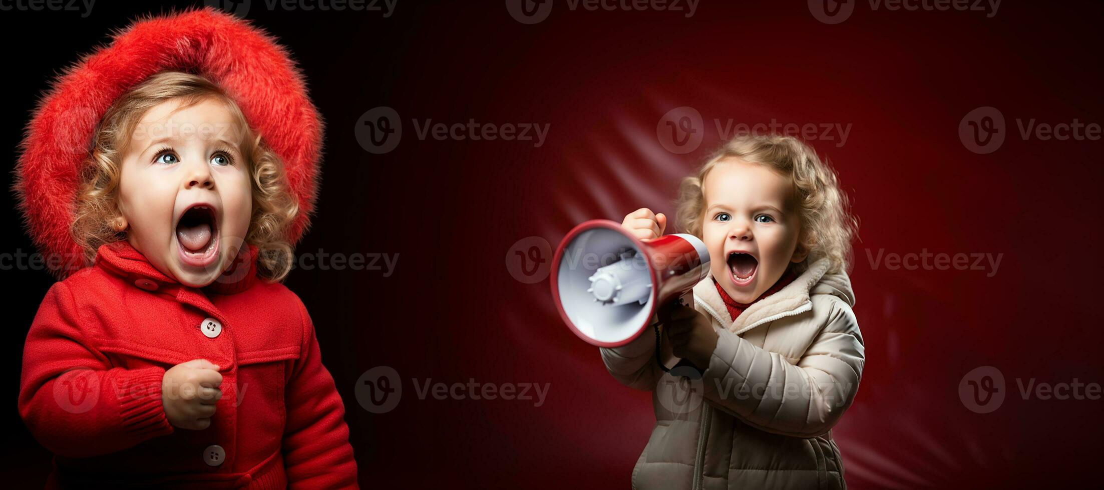 Little girl screaming into loudspeaker, isolated on red background. Copy space.Generative AI photo