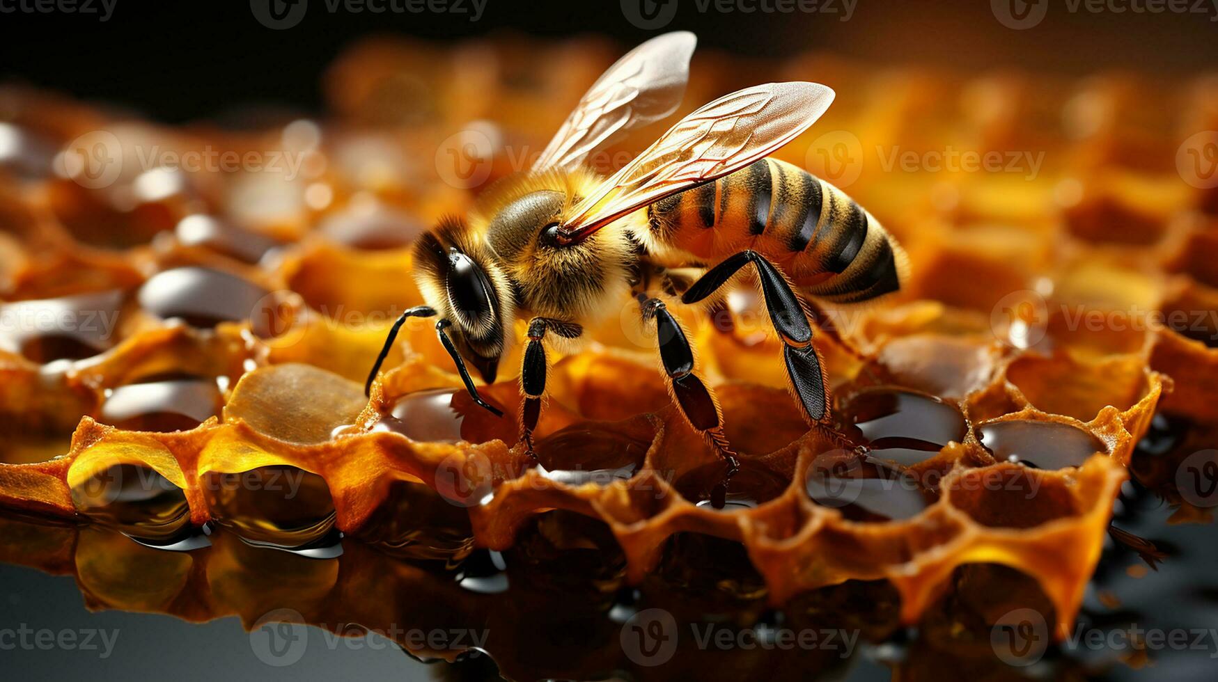 A close-up of a bee sitting on honeycomb.Generative AI photo