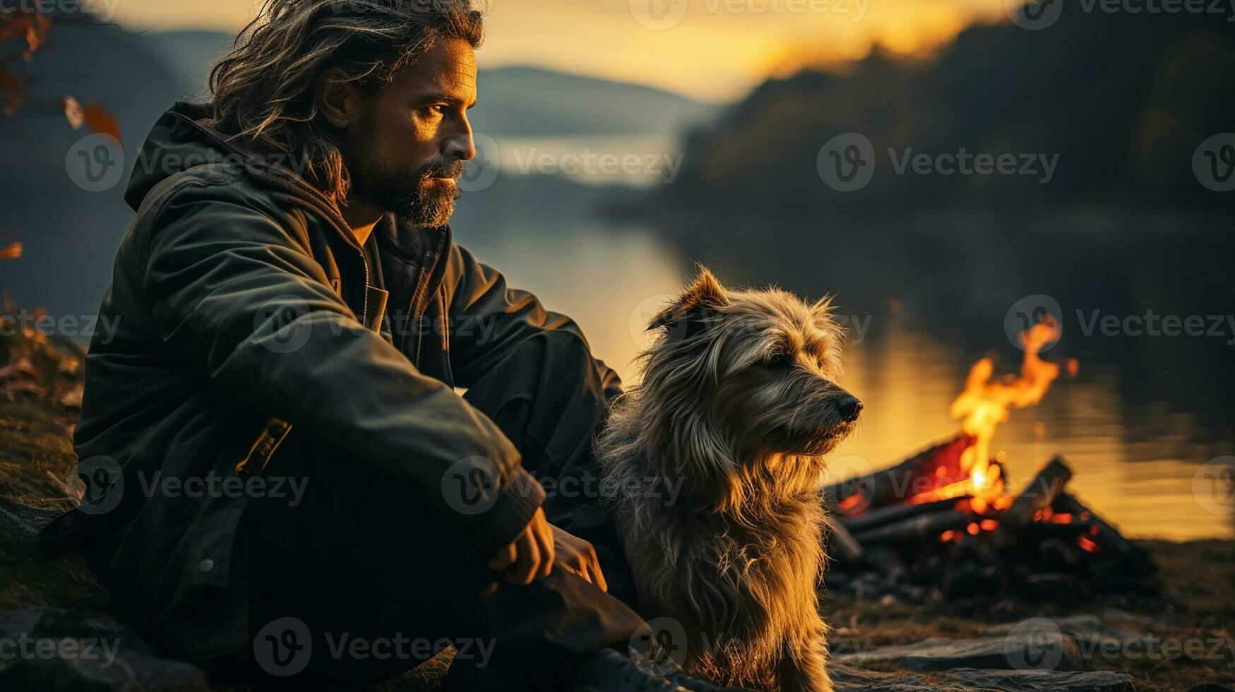 Brutal Man sitting by the fire in the evening with his favorite dog against the backdrop of a mountain lake at sunset.Generative AI photo