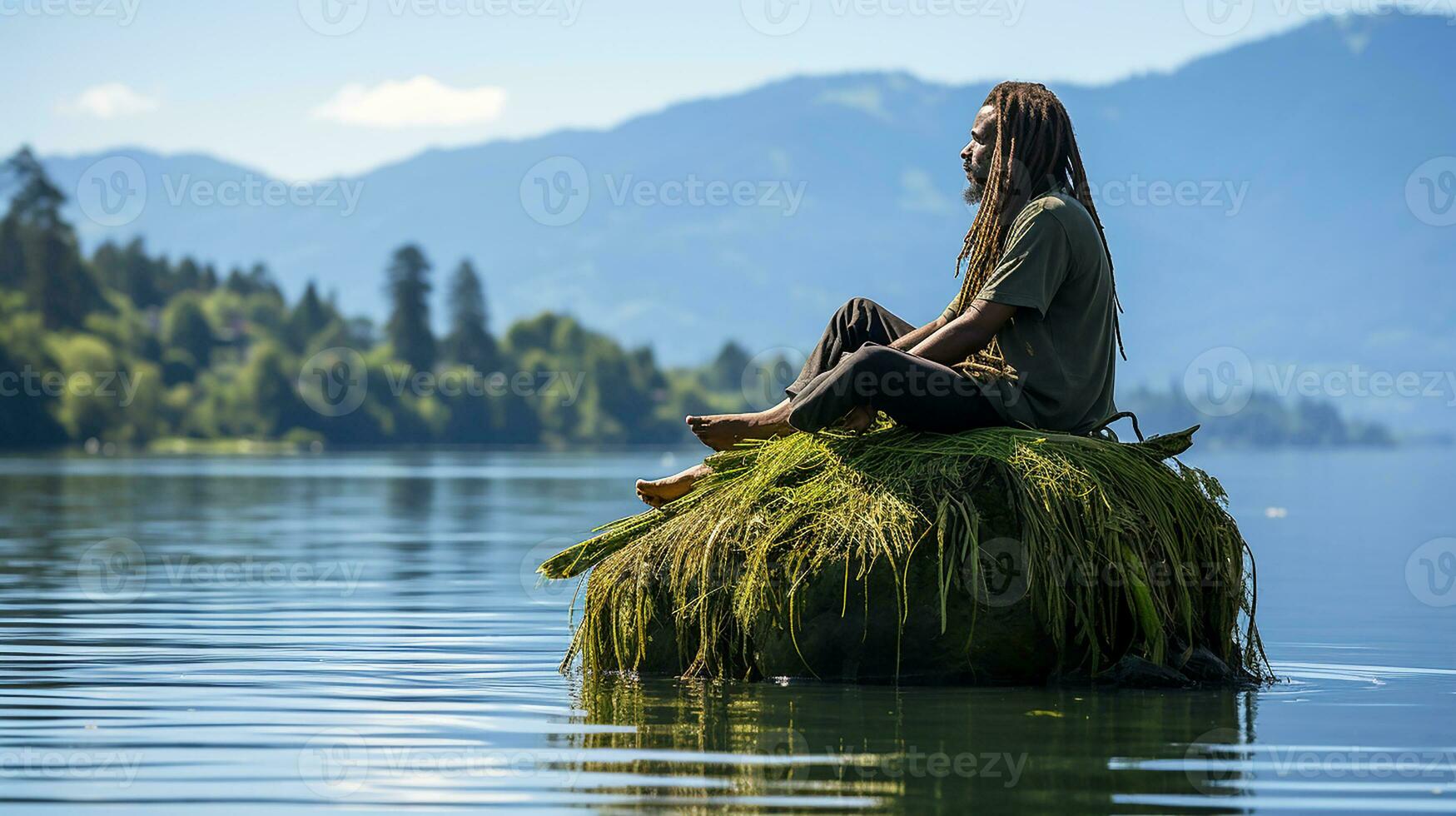 rasta man sitting on a floating rock.Generative AI photo