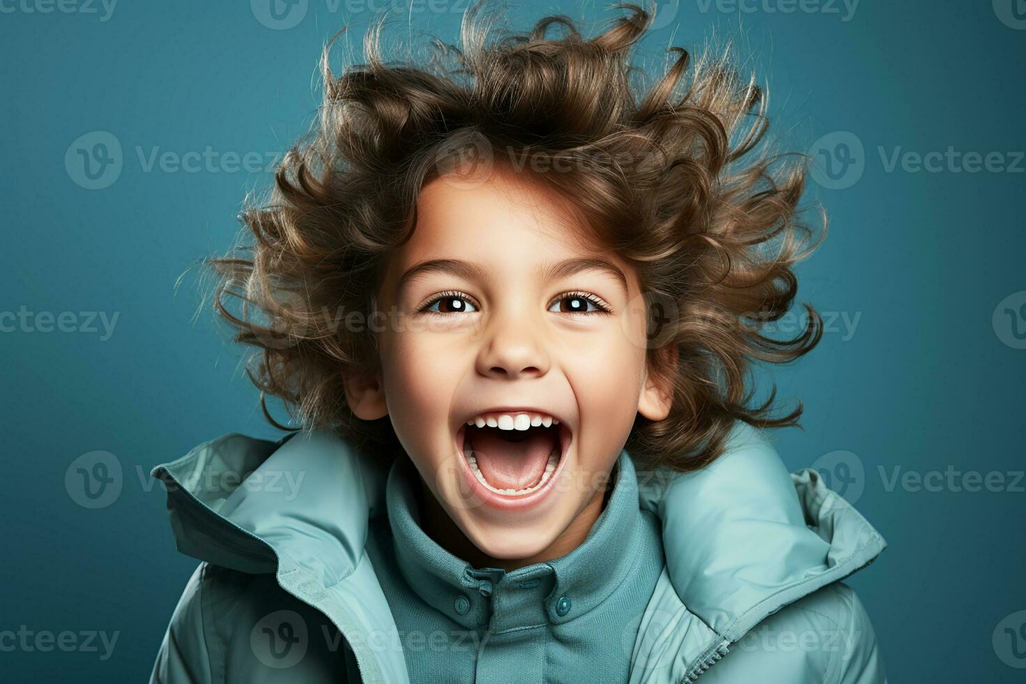 Little boy exited smiling on blue background.Generative AI photo